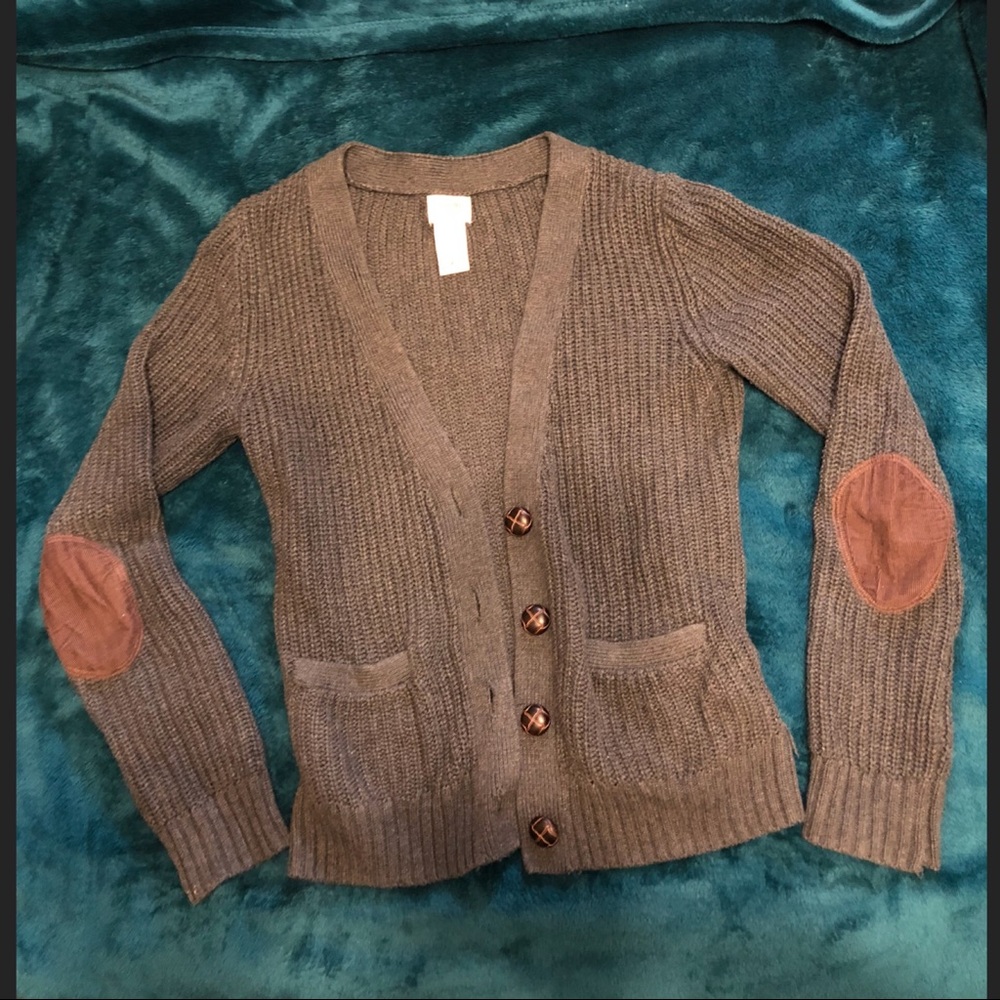 Gray cardigan, rib knit with elbow patches